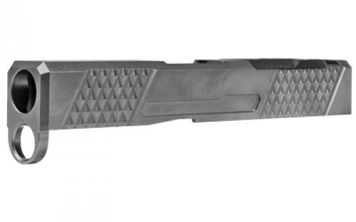 Grey Ghost Precision Stripped Slide, For Glock 43/43X, Version 2, Optic Cutout Compatible With Shield RMS-C With Correct Length Screws Included, No Mounting Plate Needed, Cover Plate Included, Version 2 Slide Pattern, DLC Finish, Gray GGP-SPG43-V2-GRY