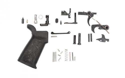 Spike's Tactical Lower Receiver Parts Kit Standard, 223 Rem/556NATO, Rounded Hammerand Hammer Spring, Trigger and Trigger Spring, Disconnector and Disconnector Spring, Safety Selector, Detent, Spring, Bolt Catch, Roll Pin, Plunger, Magazine Catch, Trigger Guard, A2 Pistol Grip. Black Finish SLPK101