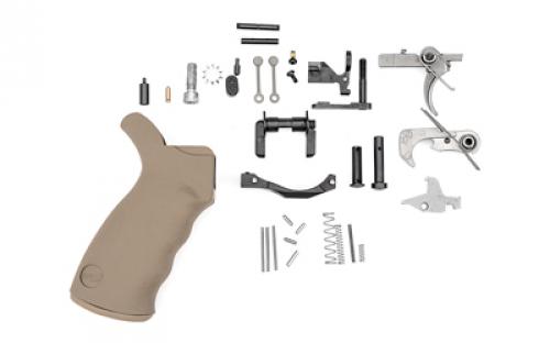 Spike's Tactical Enhanced Lower Receiver Parts Kit, 223 Rem/556NATO, KNS Gen II ModII Anti-Rotation Pins, Spikes Billet Trigger Guard, Ergo Grip, ST Battle Trigger, Ambi Safety Selector, Bolt Catch, Mag Catch, Mag Catch Button, Detents, Plungers, Pins, Springs, Flat Dark Earth Finish SLPK302