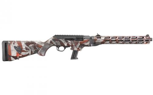 Ruger PC Carbine, Semi-automatic Rifle, 9MM, 16.12" Cold Hammer Forged Barrel, 1:10 Twist, American Flag Cerakote Finish, Fixed Stock, 1 Mag, 17Rd, MLOK Handguard, Weighs 7lbs, Adjustable Ghost Ring Rear Sight, Protected Blade Front Sight 19121
